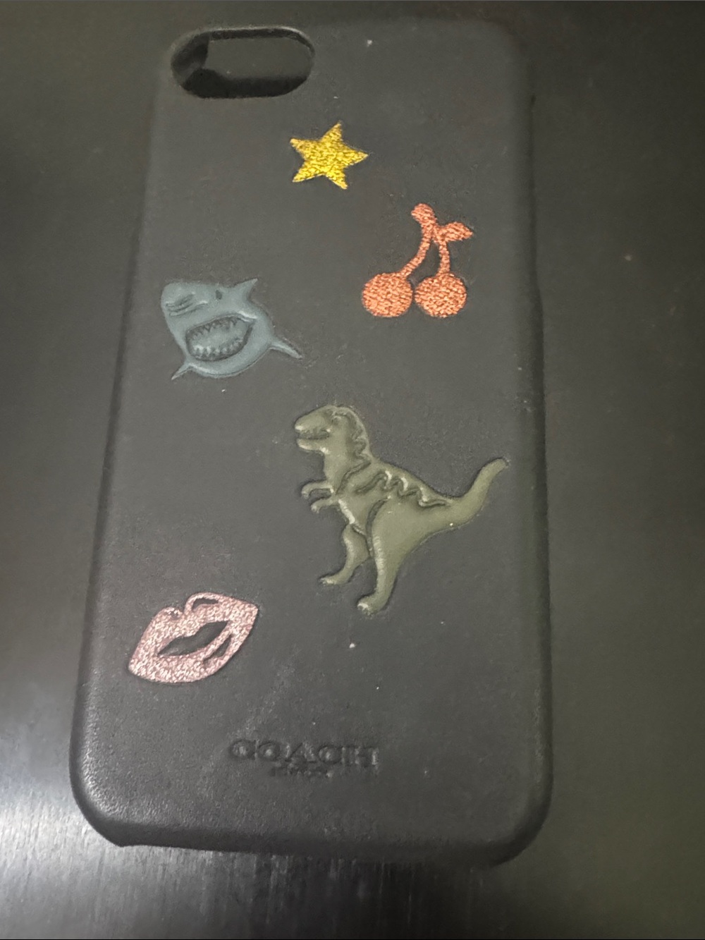 COACH Black Leather Phone Case with Colorful Character Patches